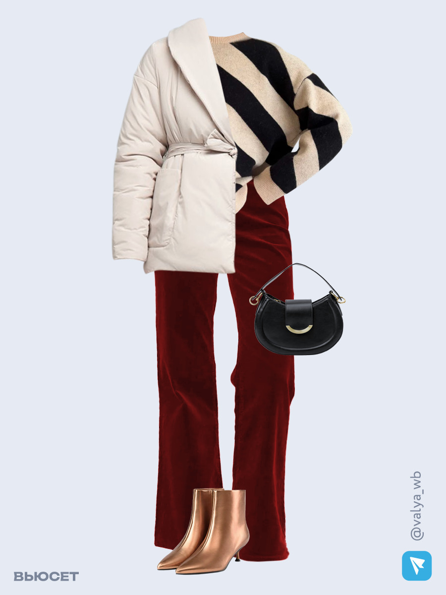 Образ с Вайлдберриз с артикулами (куртка, свитер, брюки, сумка, ботильоны)