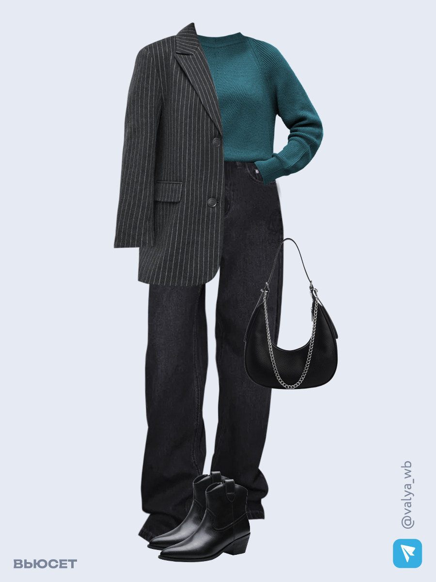 Образ с Вайлдберриз с артикулами (пальто, джемпер, джинсы, сумка, ботильоны)