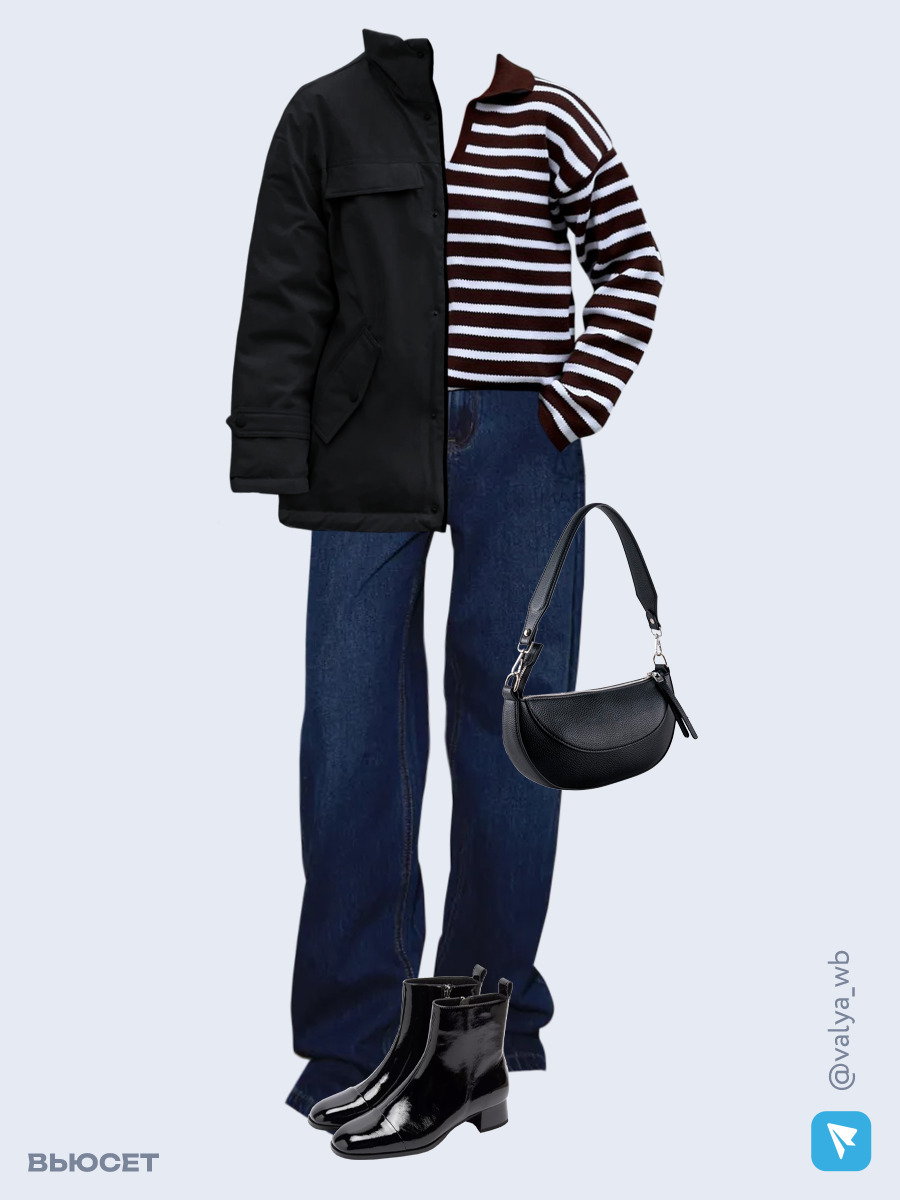 Образ с Вайлдберриз с артикулами (куртка, джемпер, джинсы, сумка, ботильоны)