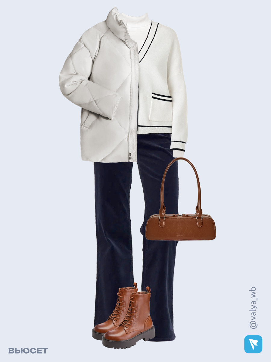 Образ с Вайлдберриз с артикулами (куртка, кардиган, водолазка, брюки, сумка, ботинки)