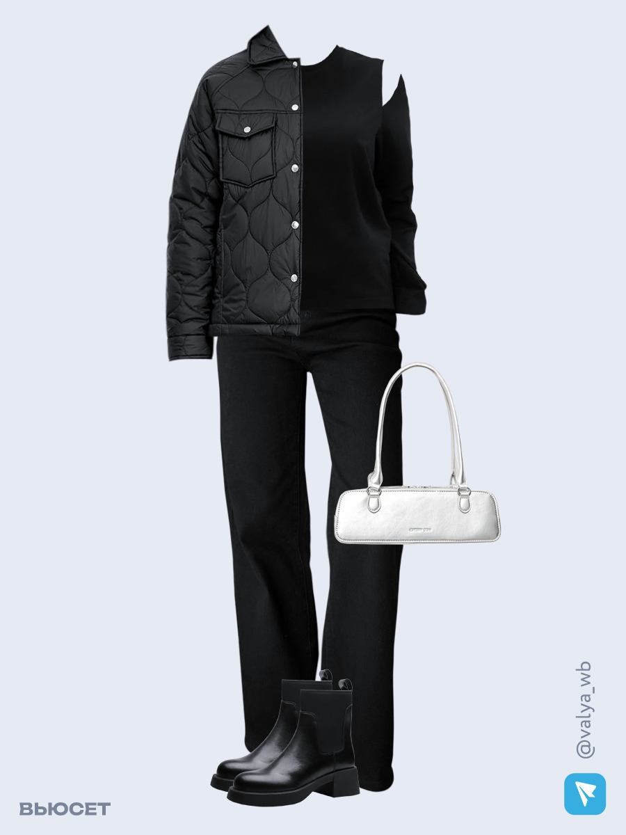 Образ с Вайлдберриз с артикулами (куртка, лонгслив, джинсы, сумка, ботинки)