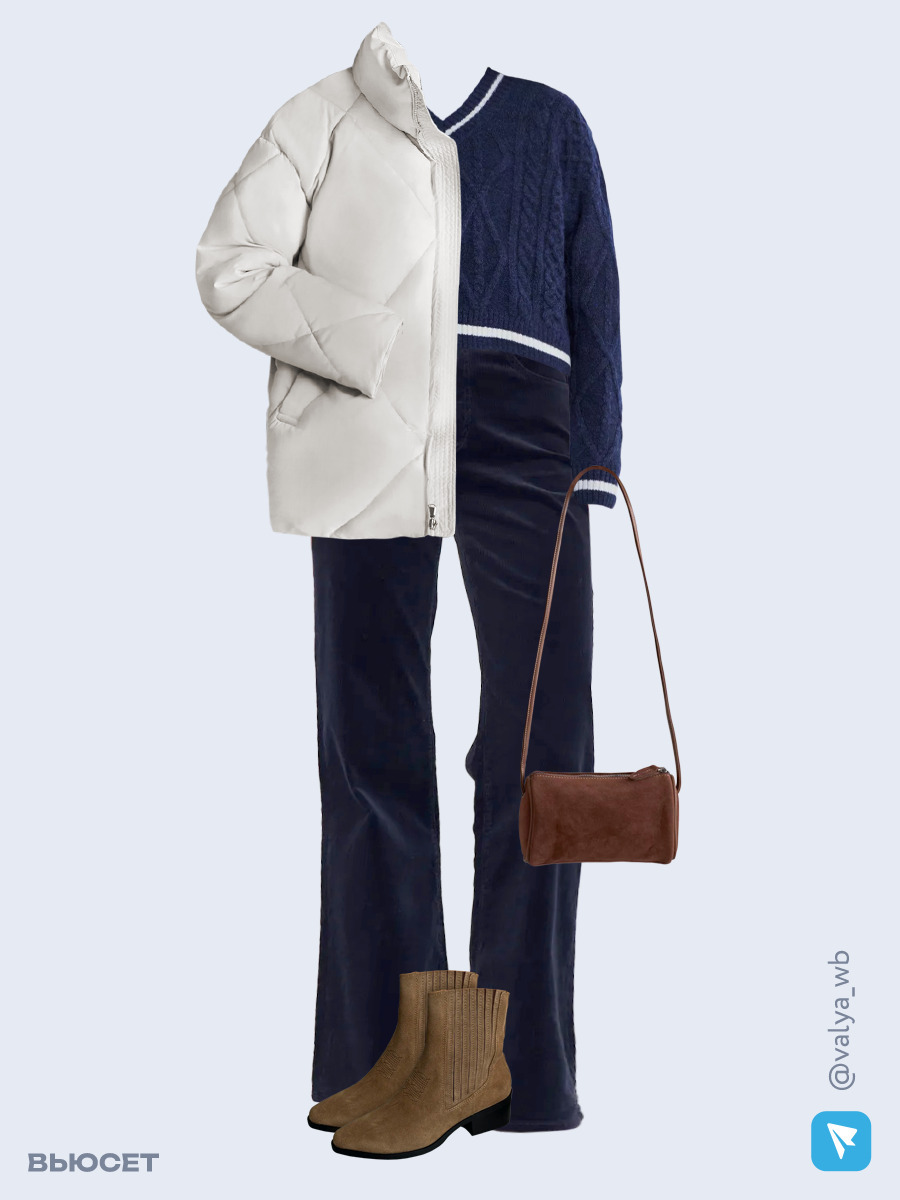 Образ с Вайлдберриз с артикулами (куртка, джемпер, брюки, сумка, ботильоны)