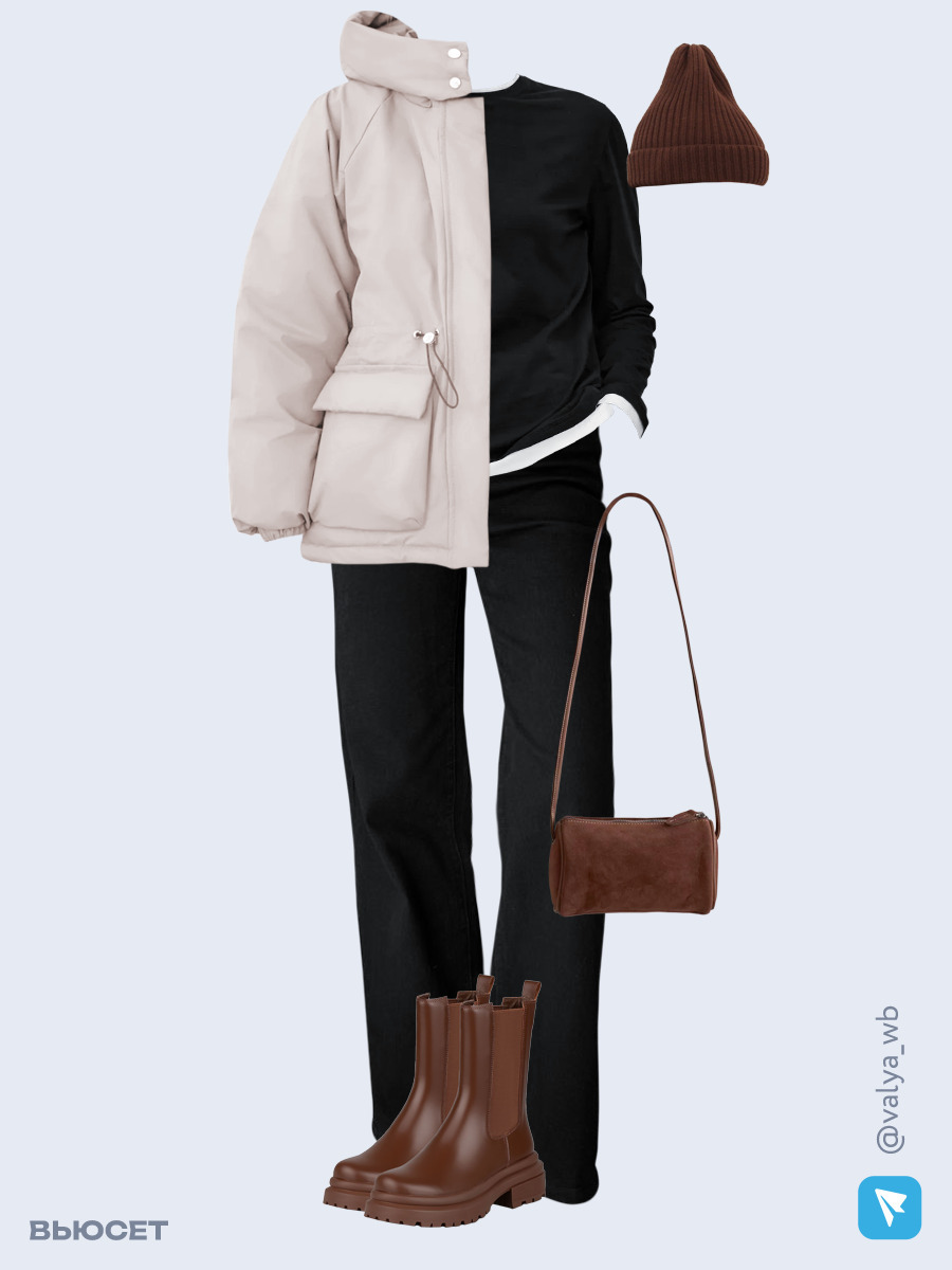 Образ с Вайлдберриз с артикулами (куртка, лонгслив, джинсы, сумка, ботинки, шапка)