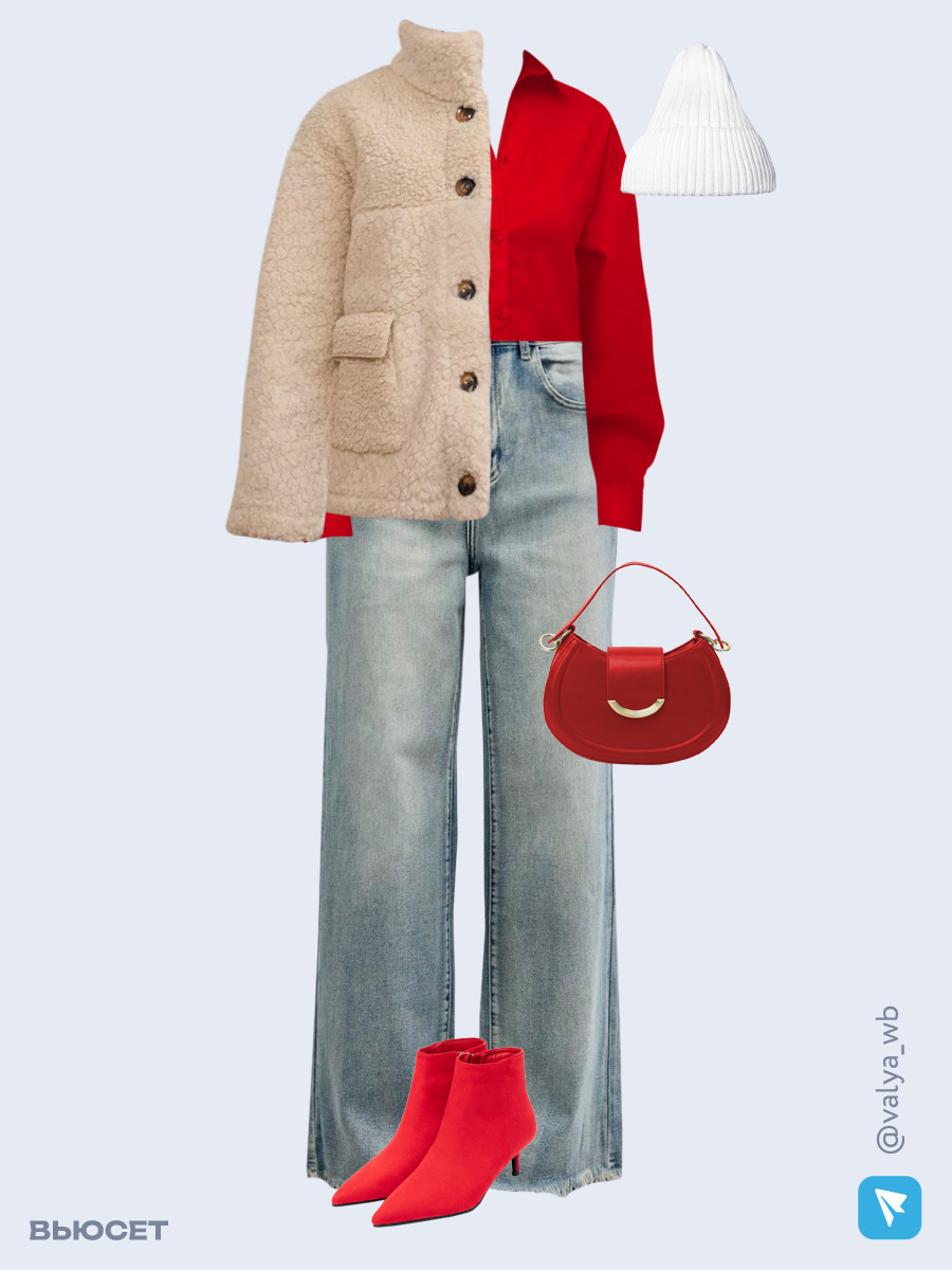 Образ с Вайлдберриз с артикулами (шуба, рубашка, джинсы, сумка, ботильоны, шапка)