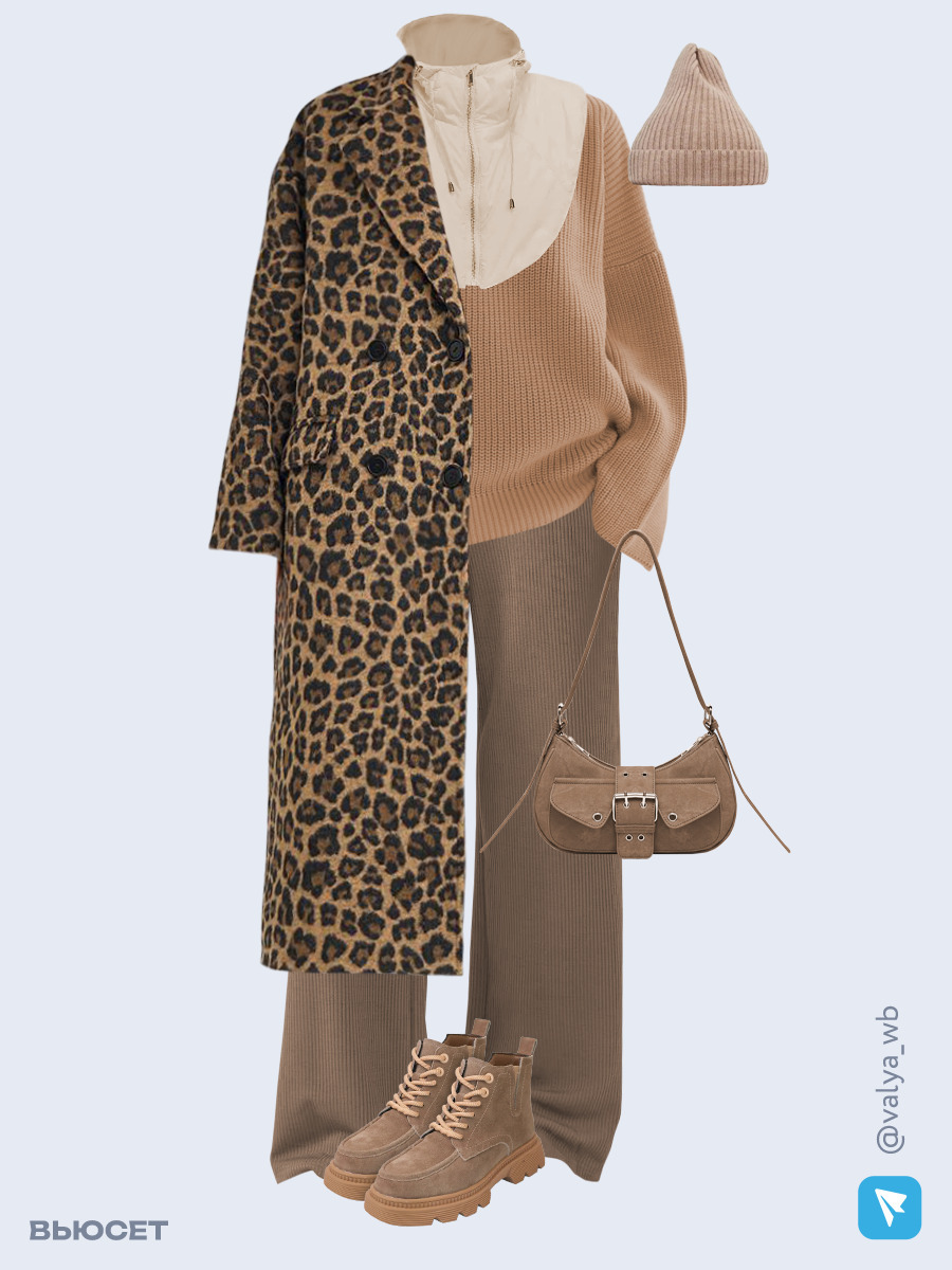 Образ с Вайлдберриз с артикулами (пальто, капор, свитер, брюки, сумка, ботинки, шапка)