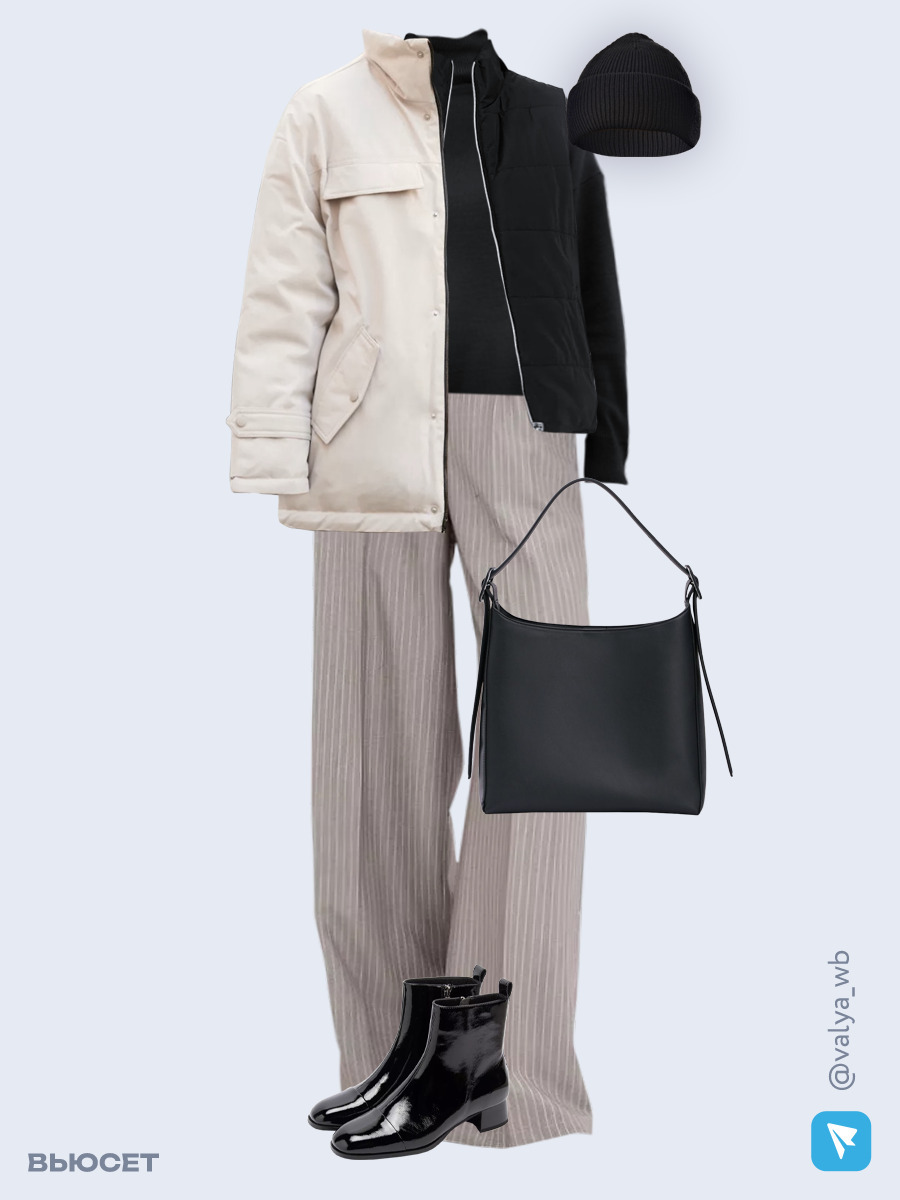 Образ с Вайлдберриз с артикулами (куртка, жилет, свитер, брюки, сумка, ботильоны, шапка)