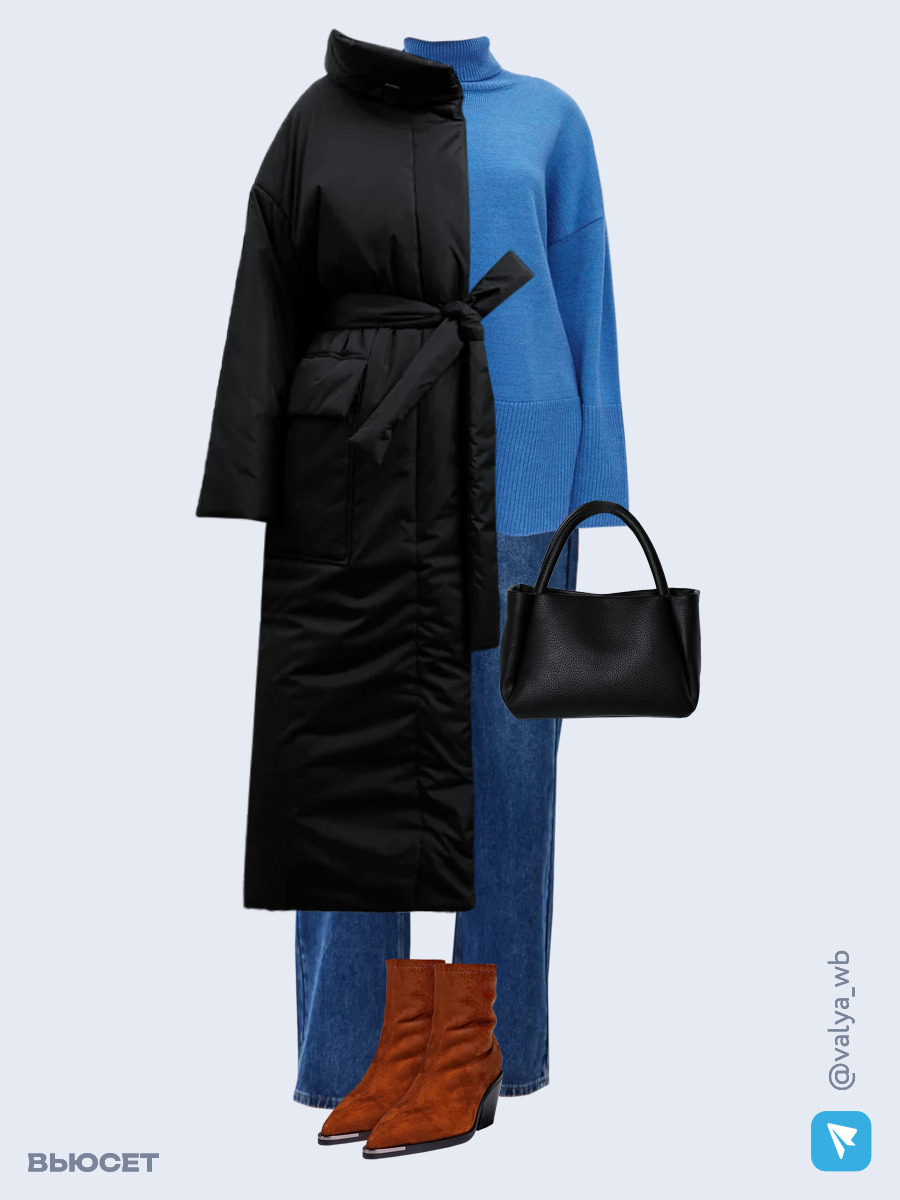 Образ с Вайлдберриз с артикулами (пальто, свитер, джинсы, сумка, ботильоны)