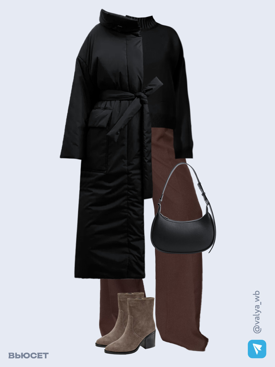 Образ с Вайлдберриз с артикулами (пальто, свитер, брюки, сумка, ботильоны)