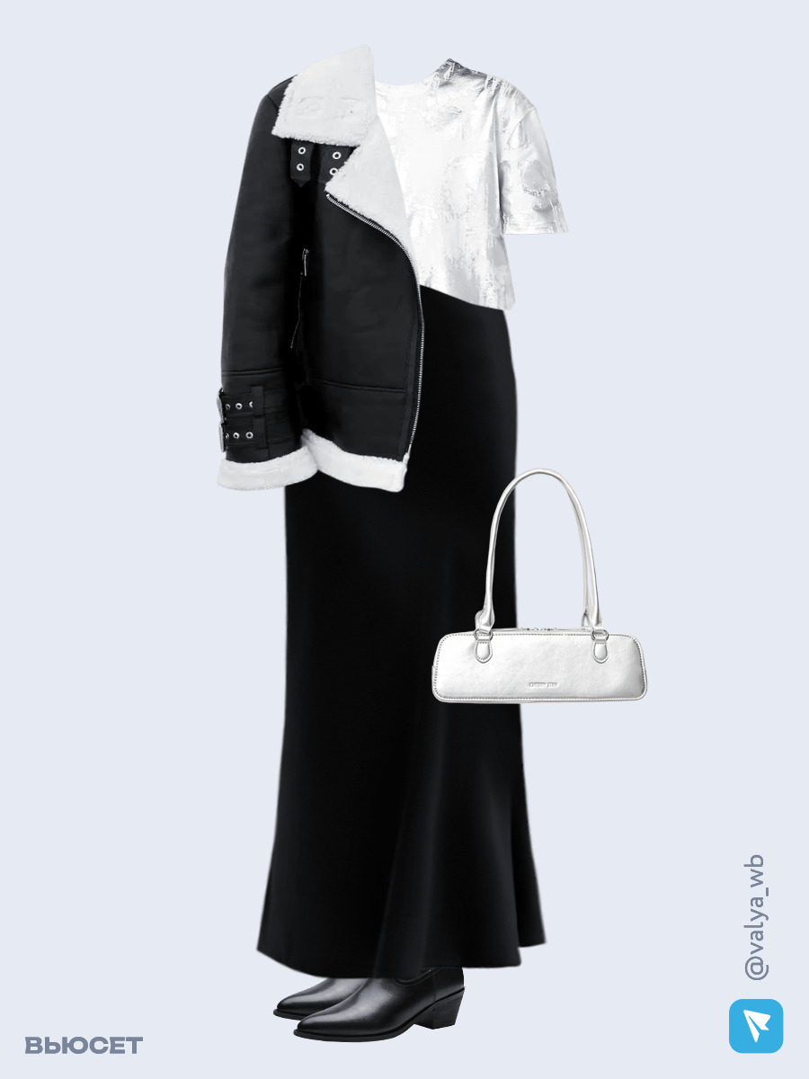 Образ с Вайлдберриз с артикулами (дубленка, футболка, юбка, сумка, ботильоны)