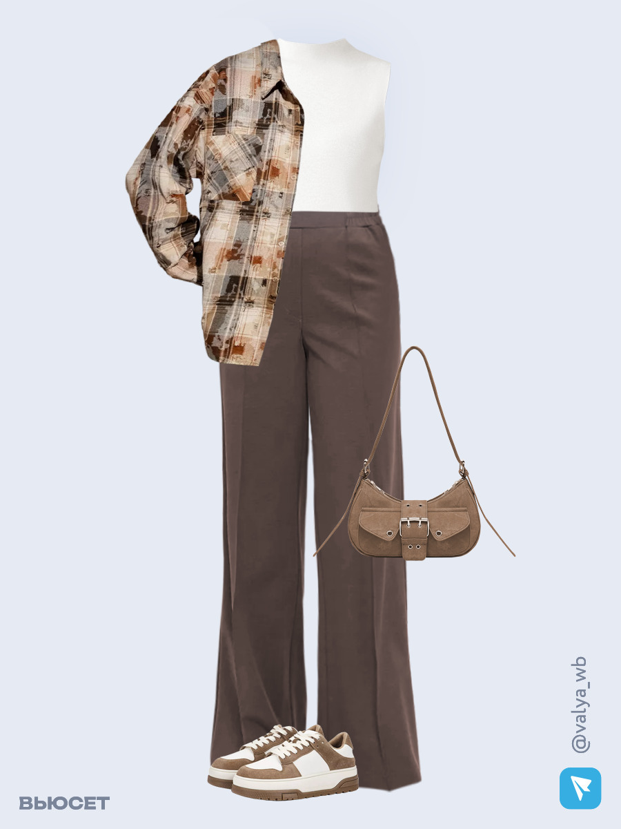 Образ с Вайлдберриз с артикулами (рубашка, джемпер, брюки, сумка, кеды)