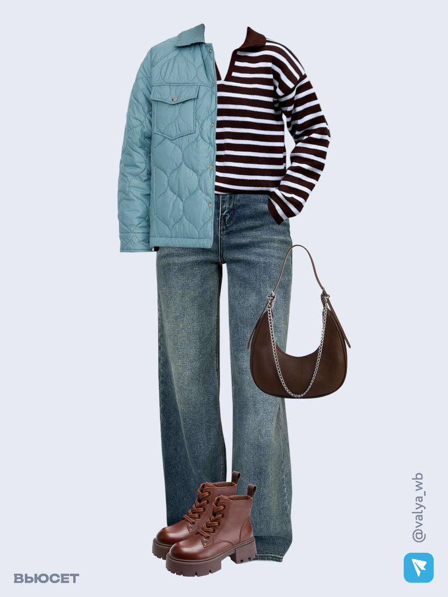 Образ с Вайлдберриз с артикулами (куртка, джемпер, джинсы, сумка, ботинки)