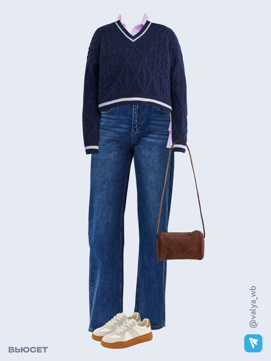 Образ с Вайлдберриз с артикулами (джемпер, рубашка, джинсы, сумка, кеды)