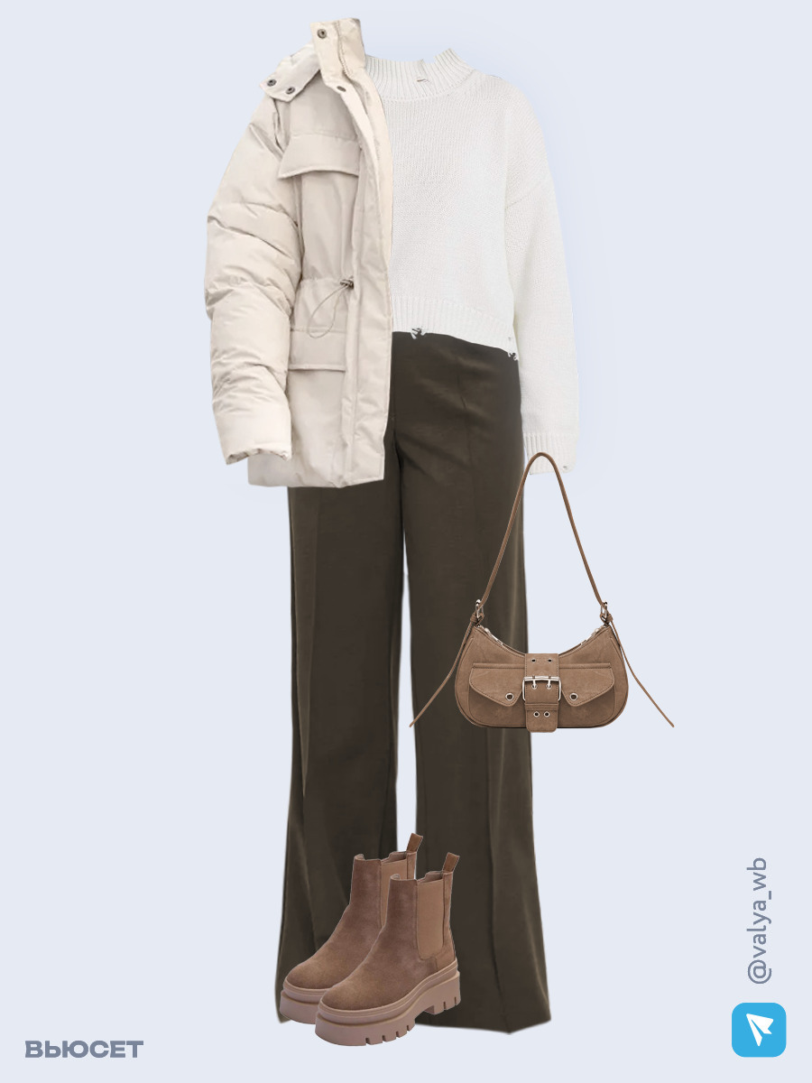 Образ с Вайлдберриз с артикулами (куртка, джемпер, брюки, сумка, ботинки)