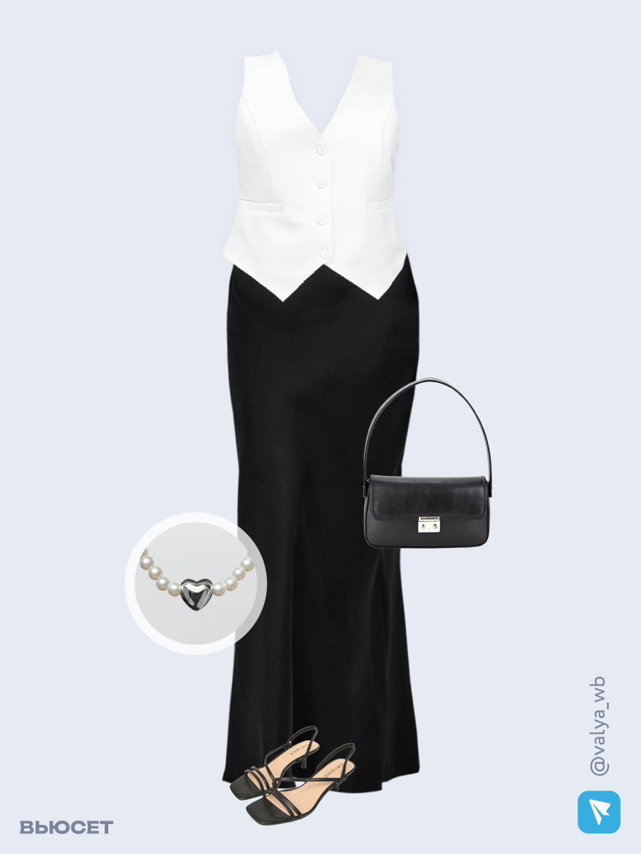 Образ с Вайлдберриз с артикулами (жилет, юбка, сумка, босоножки, колье)