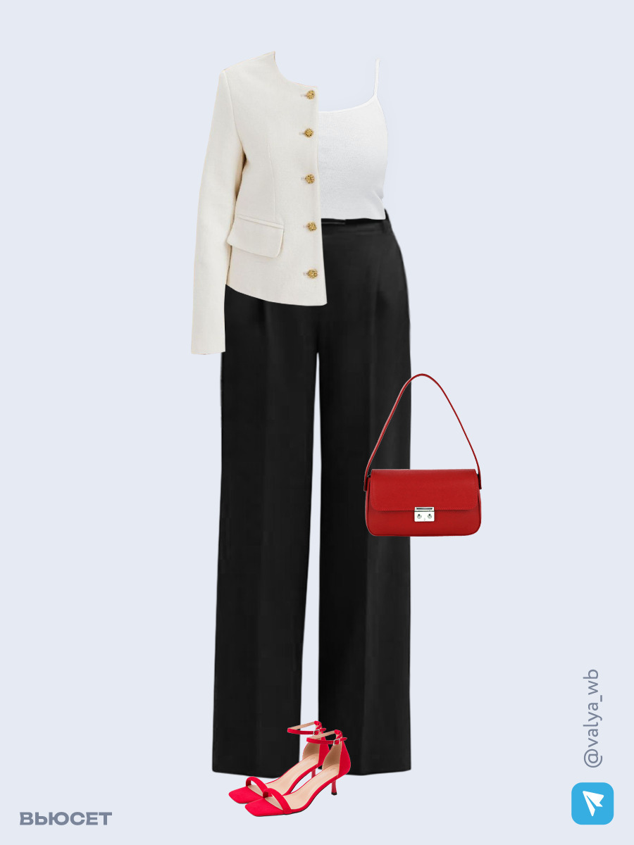 Образ с Вайлдберриз с артикулами (жакет, майка, брюки, сумка, босоножки)