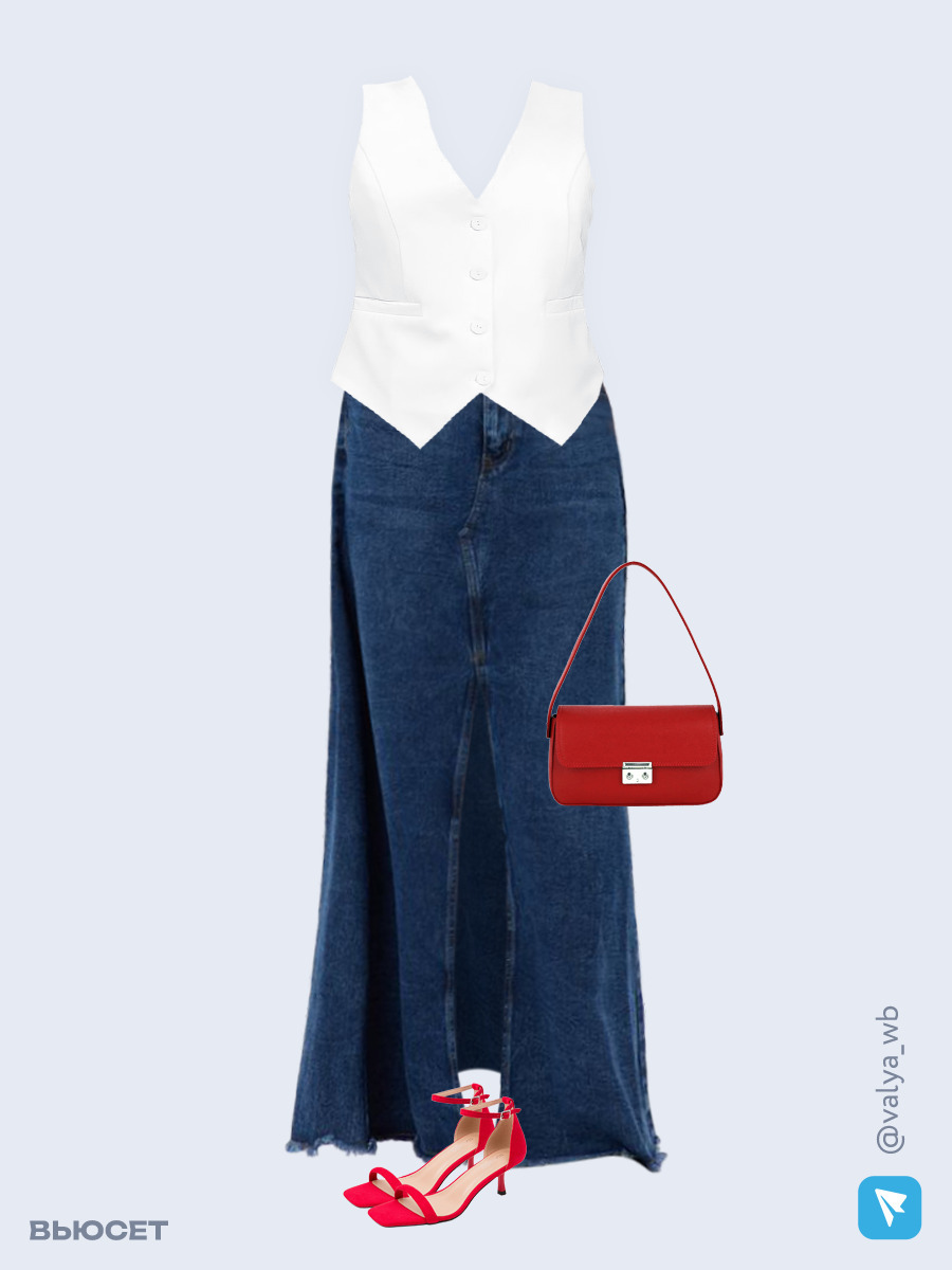 Образ с Вайлдберриз с артикулами (жилет, юбка, сумка, босоножки)