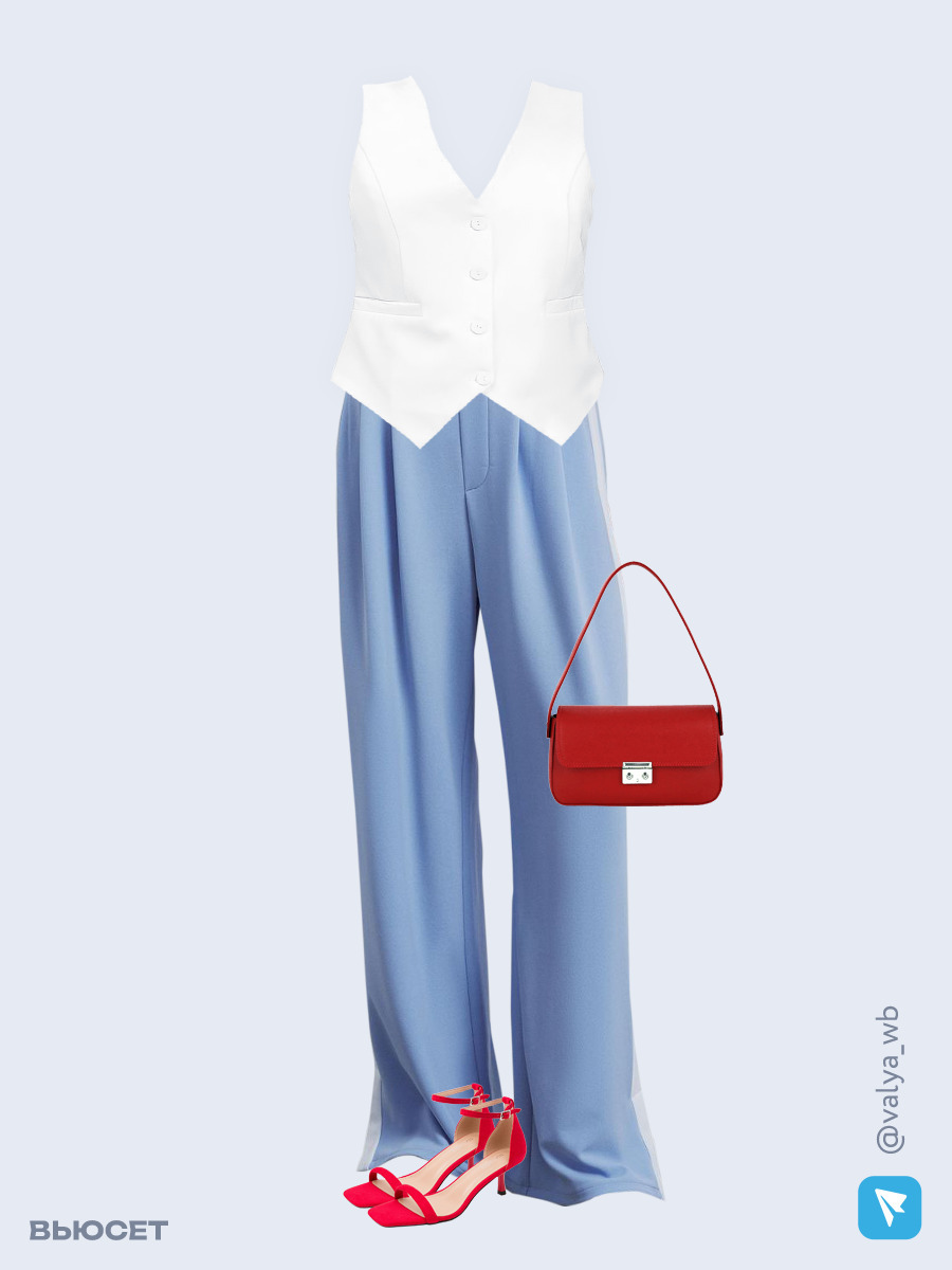 Образ с Вайлдберриз с артикулами (жилет, брюки, сумка, босоножки)