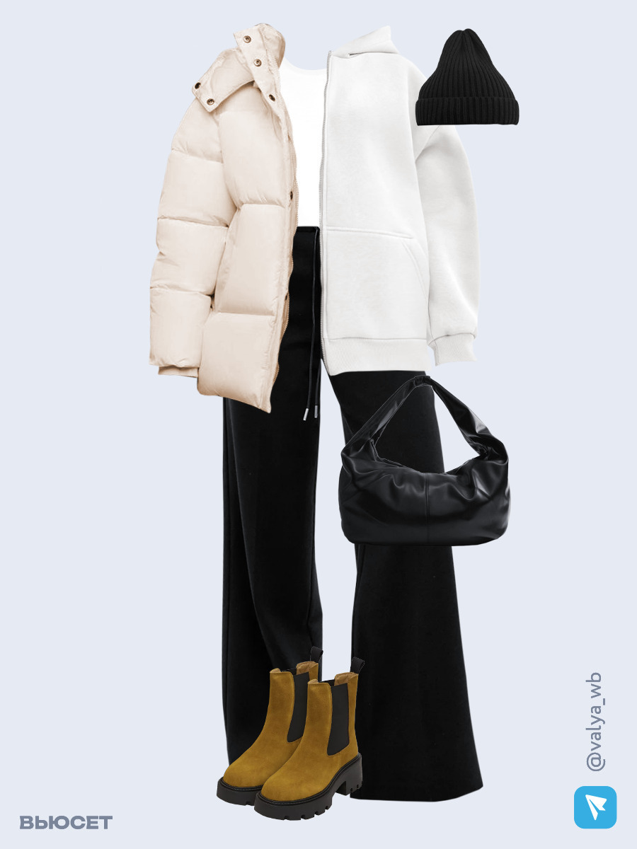 Образ с Вайлдберриз с артикулами (пуховик, худи, футболка, брюки, сумка, ботинки, шапка)