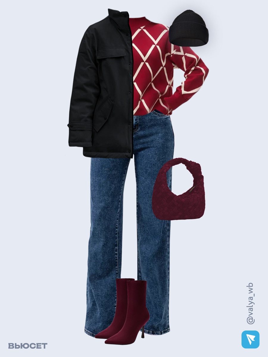Образ с Вайлдберриз с артикулами (куртка, свитер, джинсы, сумка, ботильоны, шапка)