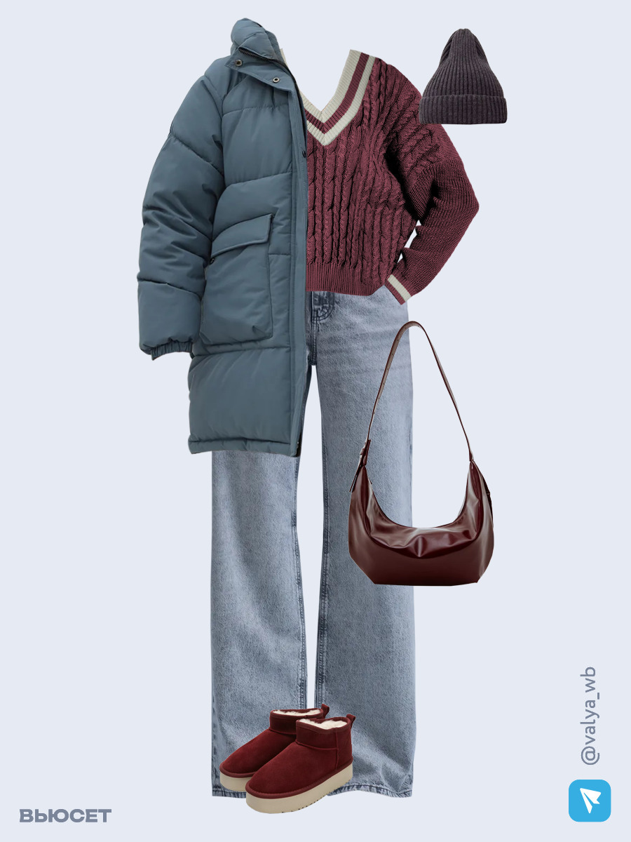 Образ с Вайлдберриз с артикулами (пуховик, джемпер, джинсы, сумка, угги, шапка)