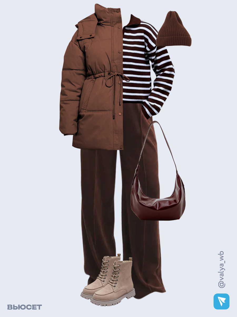 Образ с Вайлдберриз с артикулами (куртка, джемпер, брюки, сумка, ботинки, шапка)