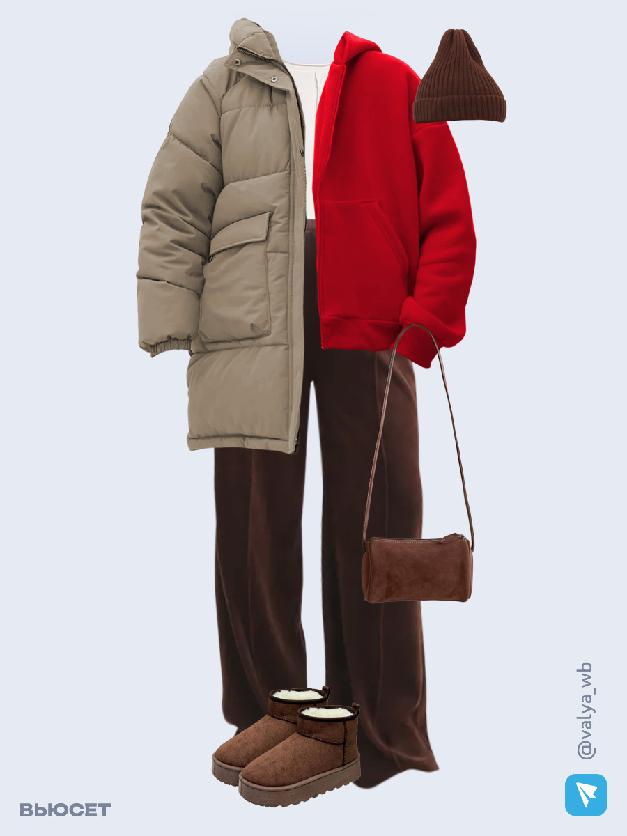 Образ с Вайлдберриз с артикулами (пуховик, худи, футболка, брюки, сумка, угги, шапка)