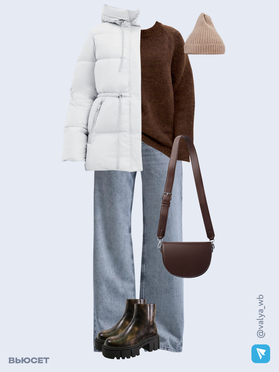 Образ с Вайлдберриз с артикулами (куртка, свитер, джинсы, сумка, ботинки, шапка)