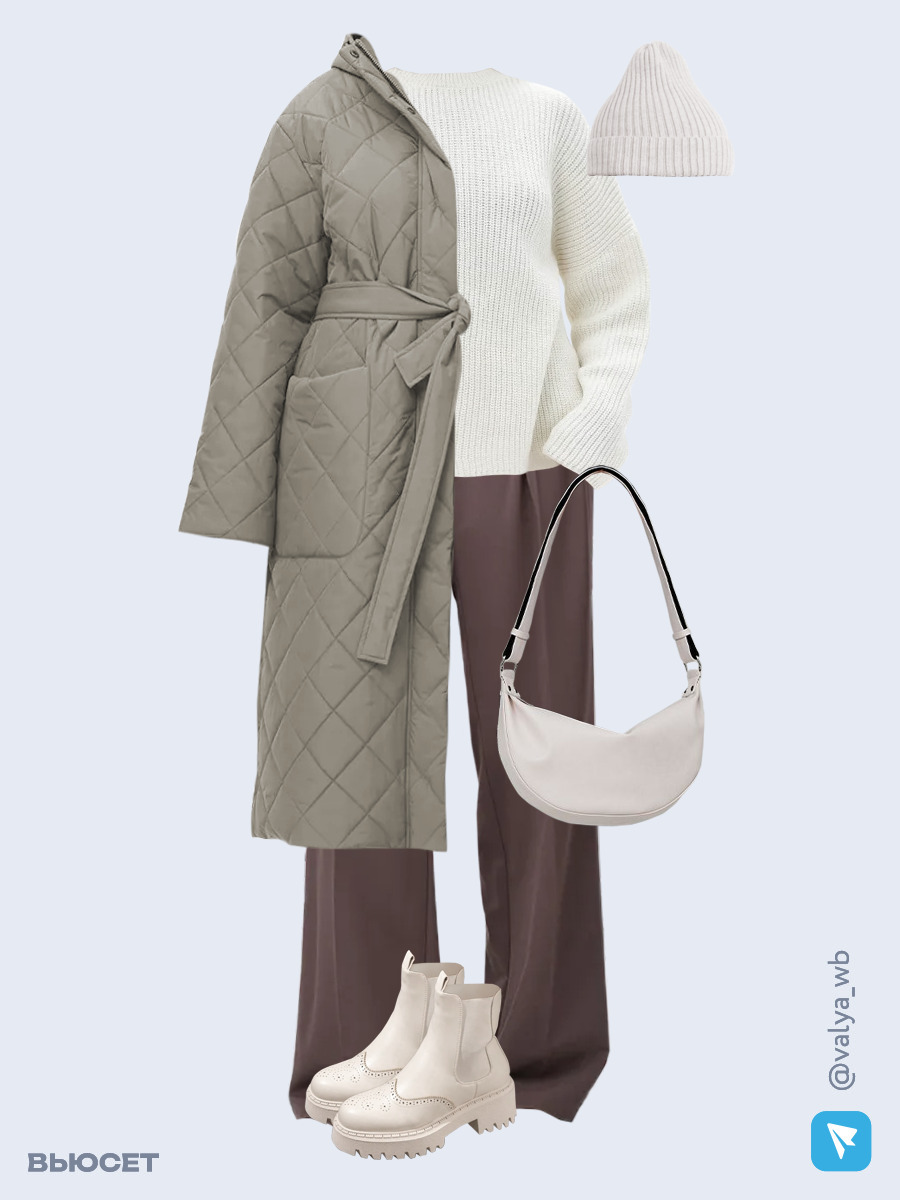 Образ с Вайлдберриз с артикулами (пальто, свитер, брюки, сумка, ботинки, шапка)