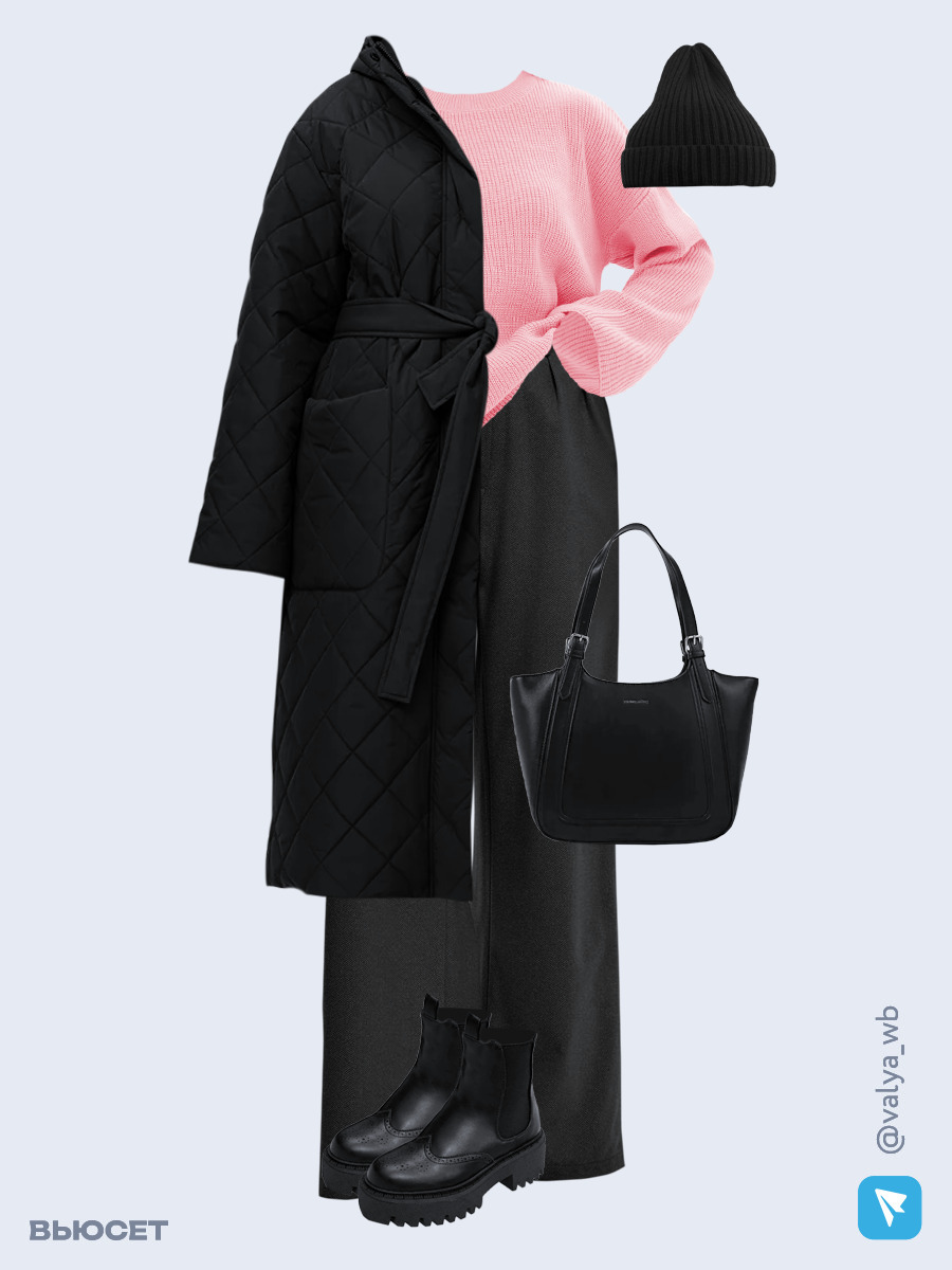 Образ с Вайлдберриз с артикулами (пальто, свитер, брюки, сумка, ботинки, шапка)