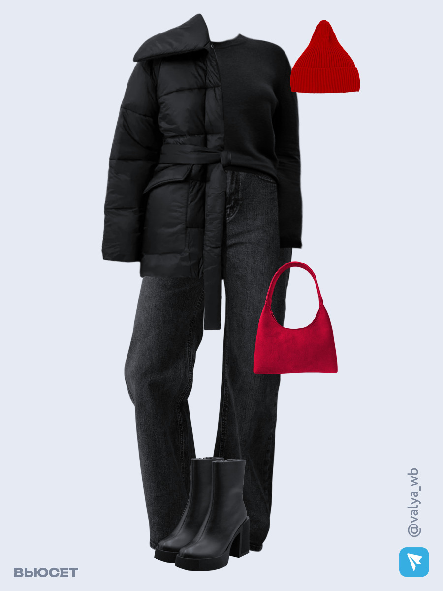 Образ с Вайлдберриз с артикулами (куртка, джемпер, джинсы, сумка, ботильоны, шапка)