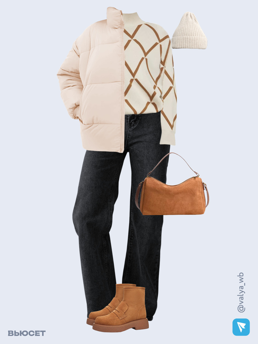 Образ с Вайлдберриз с артикулами (куртка, свитер, джинсы, сумка, ботинки, шапка)