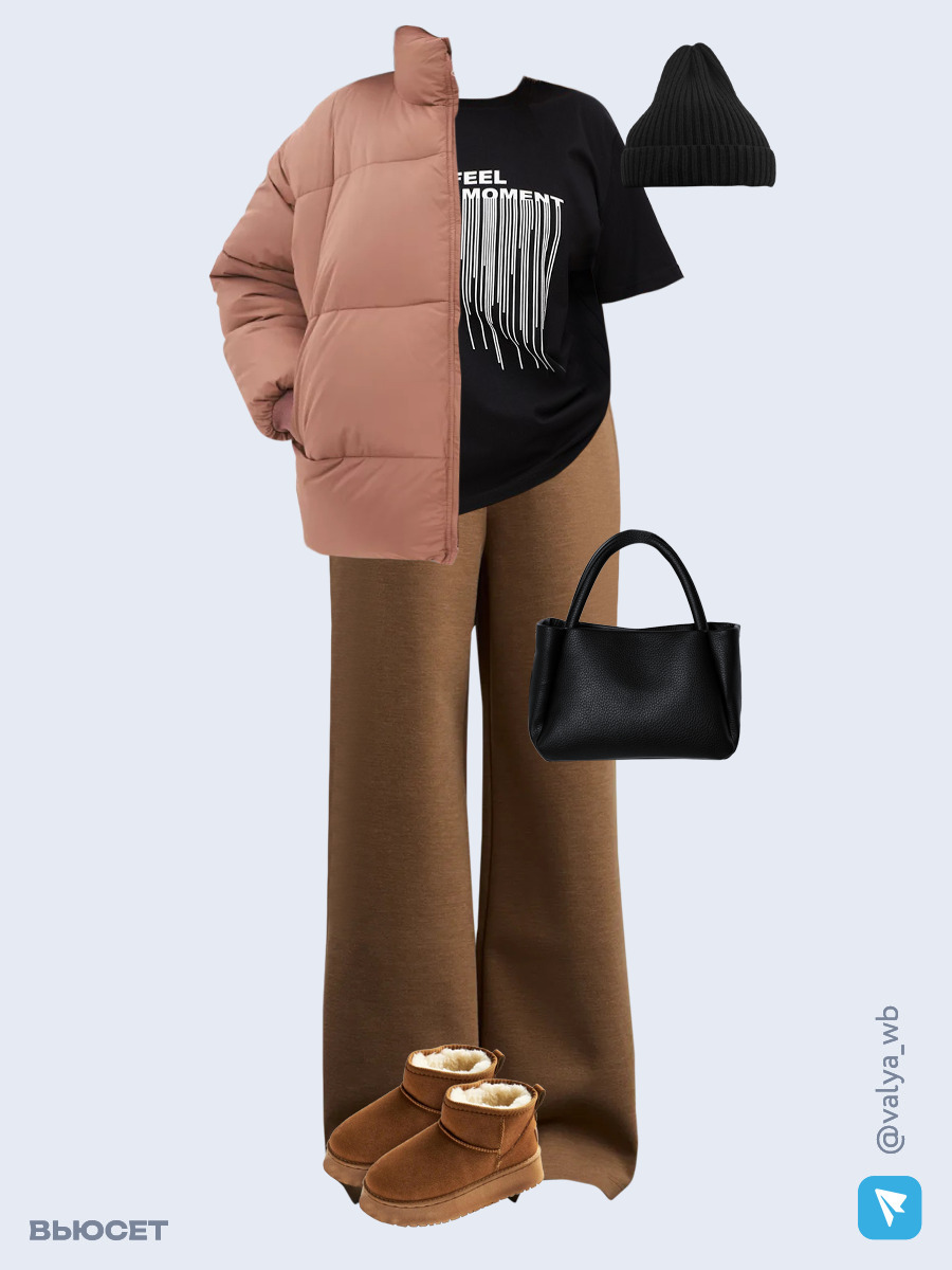 Образ с Вайлдберриз с артикулами (куртка, футболка, брюки, сумка, угги, шапка)
