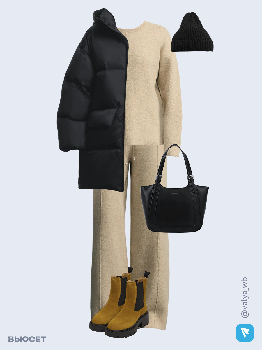 Образ с Вайлдберриз с артикулами (куртка, джемпер, брюки, сумка, ботинки, шапка)