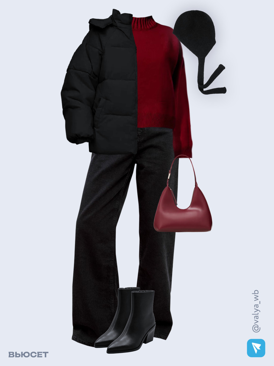 Образ с Вайлдберриз с артикулами (куртка, свитер, джинсы, сумка, ботильоны, капор)