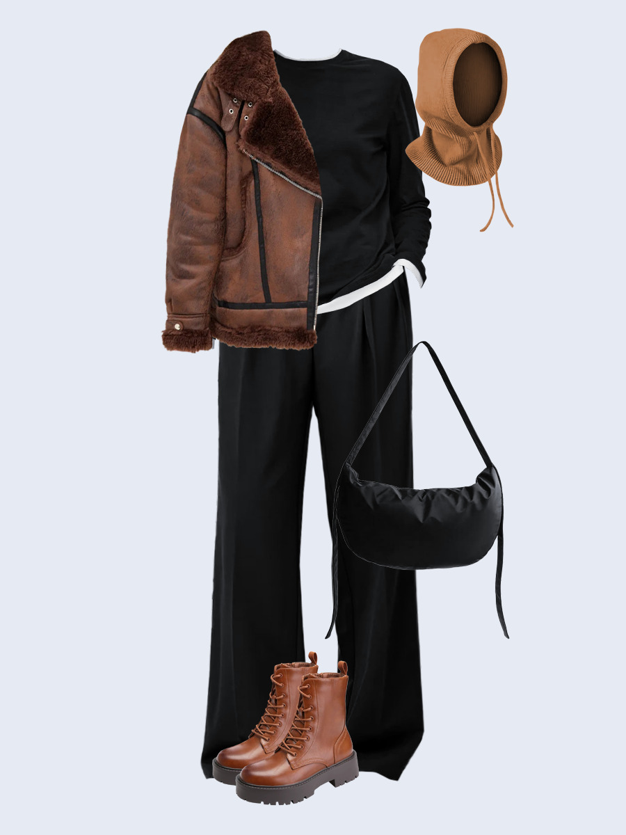 Образ с Вайлдберриз с артикулами (дубленка, лонгслив, брюки, сумка, ботинки, капор)