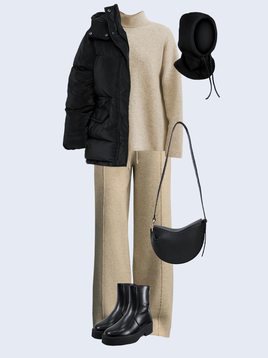 Образ с Вайлдберриз с артикулами (куртка, свитер, брюки, сумка, ботинки, капор)