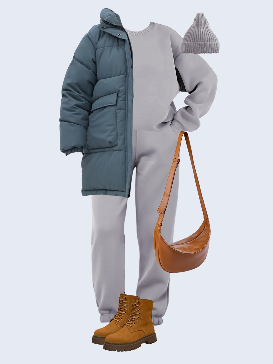 Образ с Вайлдберриз с артикулами (пуховик, свитшот, брюки, сумка, ботинки, шапка)
