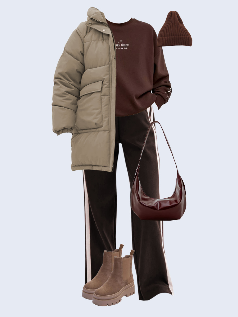 Образ с Вайлдберриз с артикулами (пуховик, свитшот, брюки, сумка, ботинки, шапка)