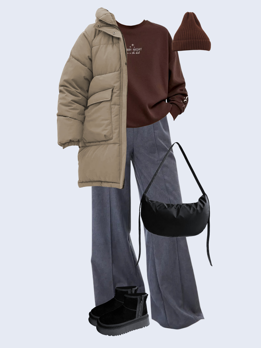 Образ с Вайлдберриз с артикулами (пуховик, свитшот, брюки, сумка, угги, шапка)