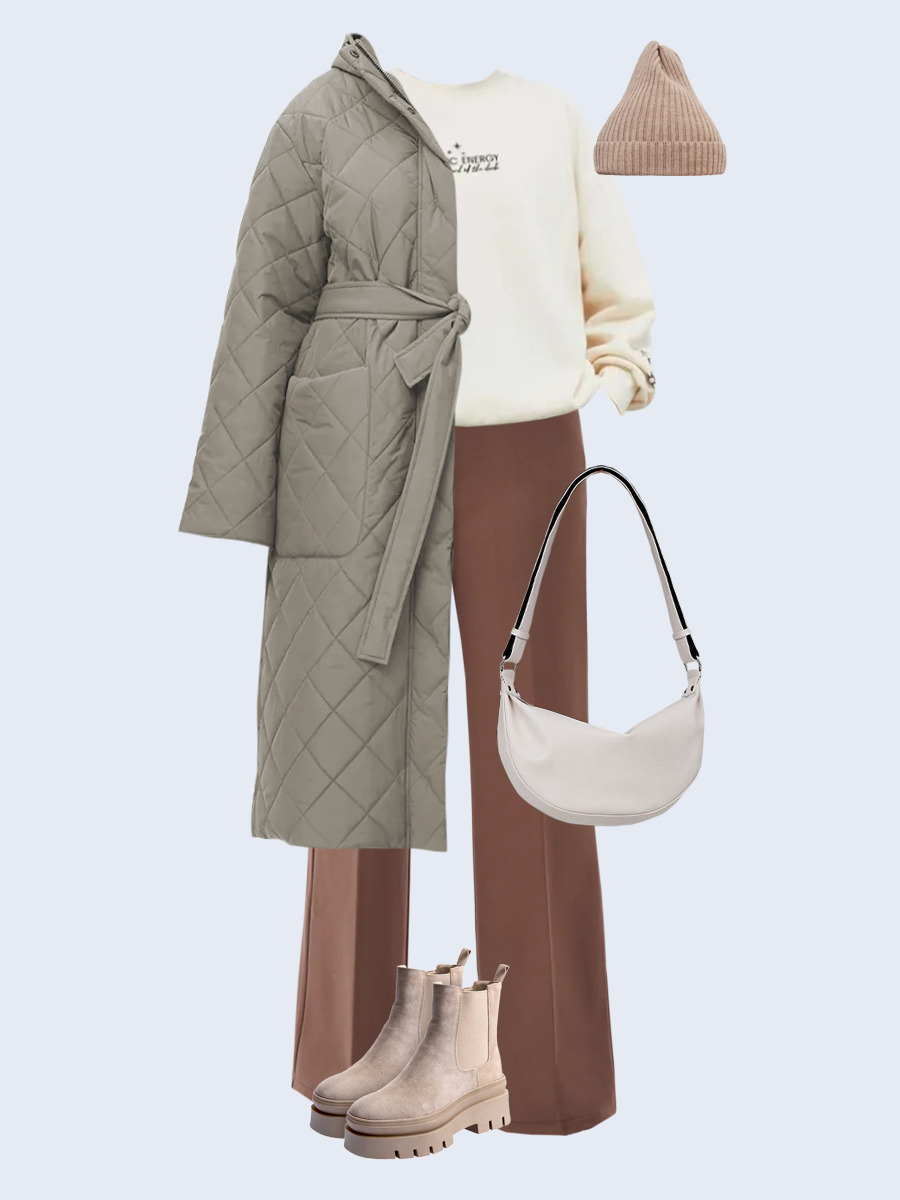 Образ с Вайлдберриз с артикулами (пальто, свитшот, брюки, сумка, ботинки, шапка)