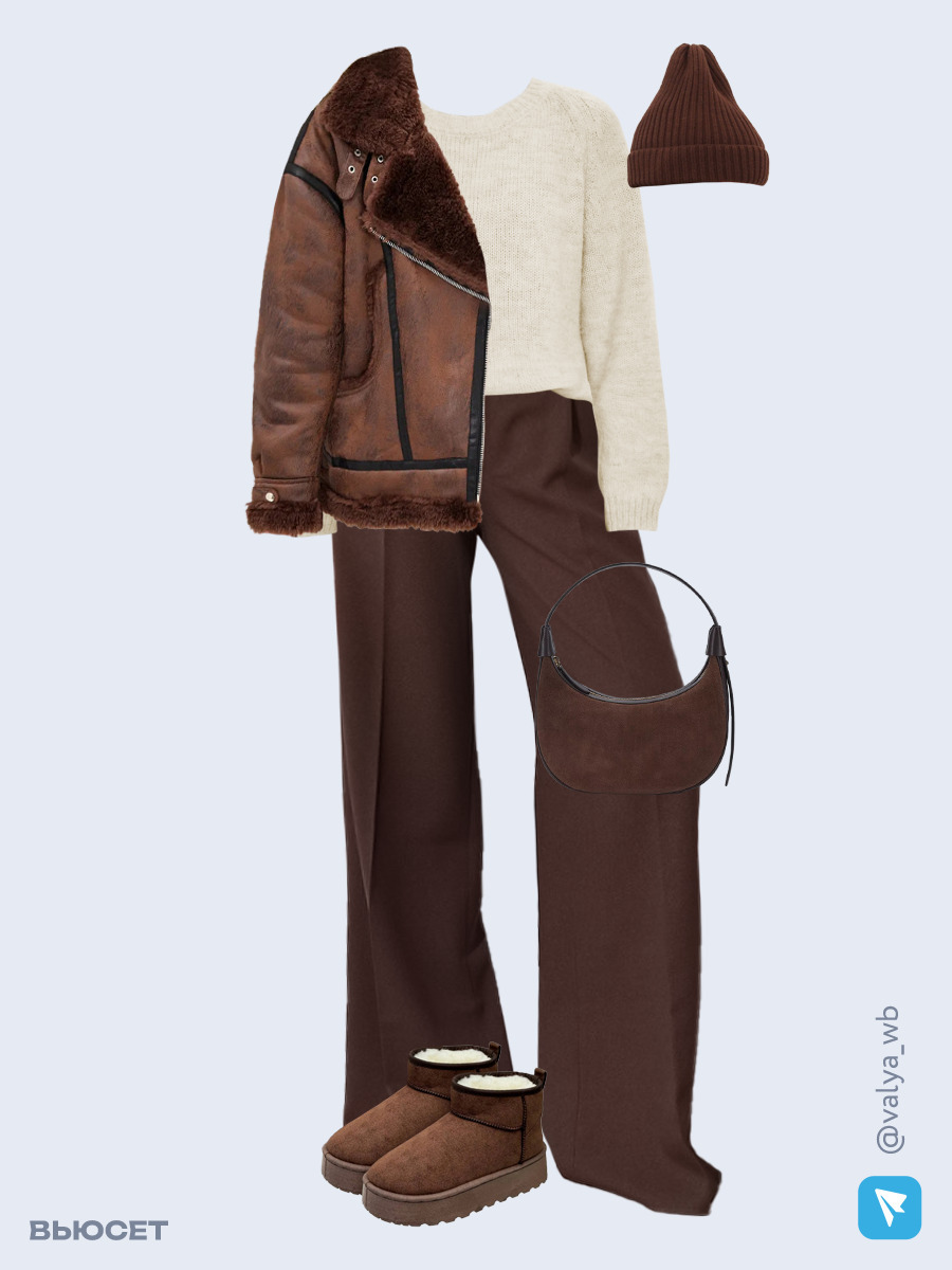 Образ с Вайлдберриз с артикулами (дубленка, свитер, брюки, сумка, угги, шапка)