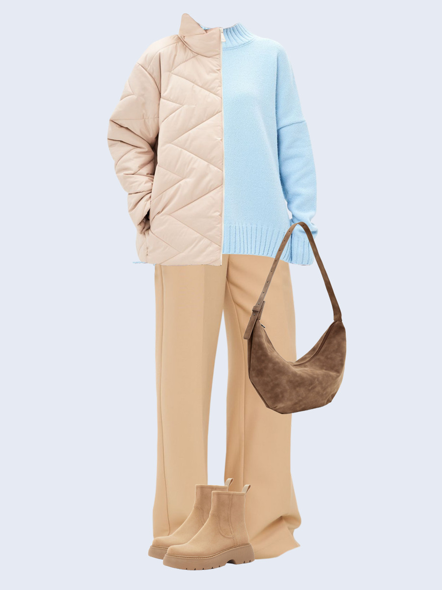 Образ с Вайлдберриз с артикулами (куртка, свитер, брюки, сумка, ботинки)