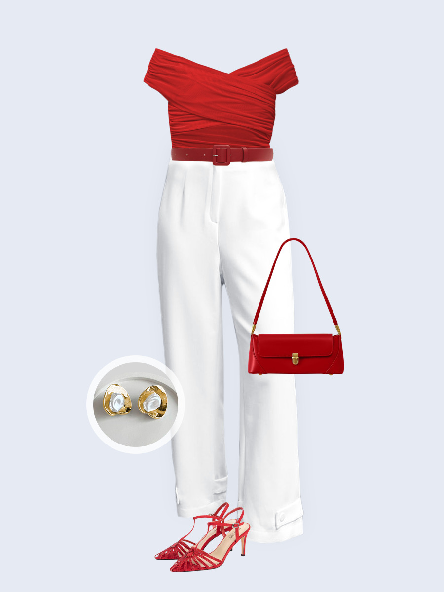 Образ с Вайлдберриз с артикулами (топ, брюки, сумка, босоножки, серьги, ремень)