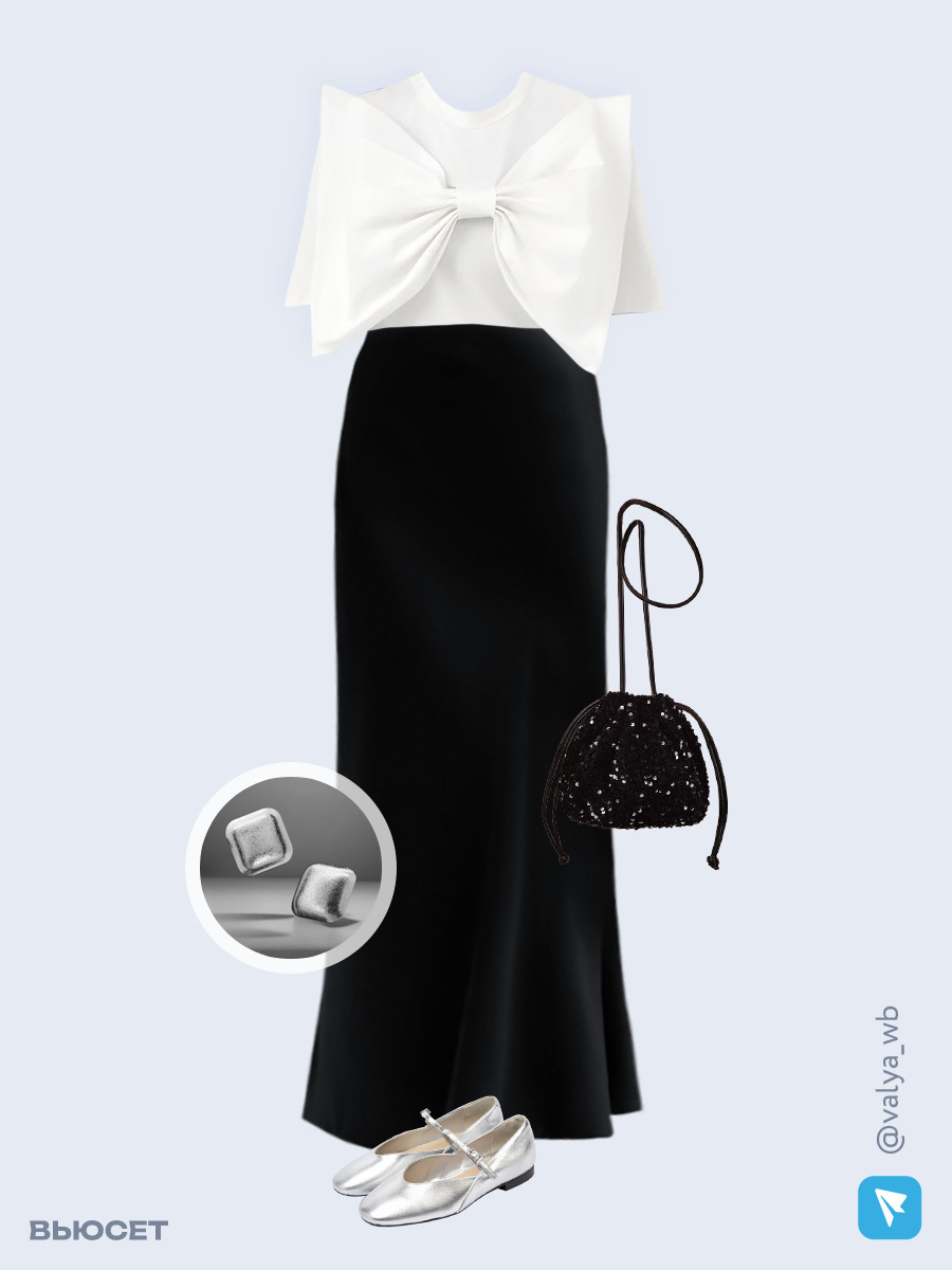 Образ с Вайлдберриз с артикулами (футболка, юбка, сумка, туфли, серьги)