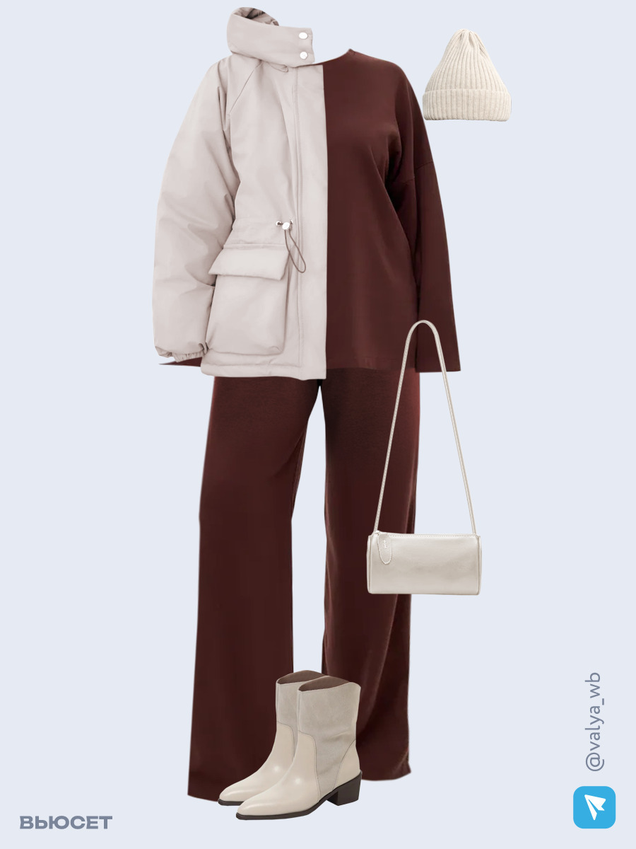 Образ с Вайлдберриз с артикулами (куртка, костюм, сумка, ботильоны, шапка)