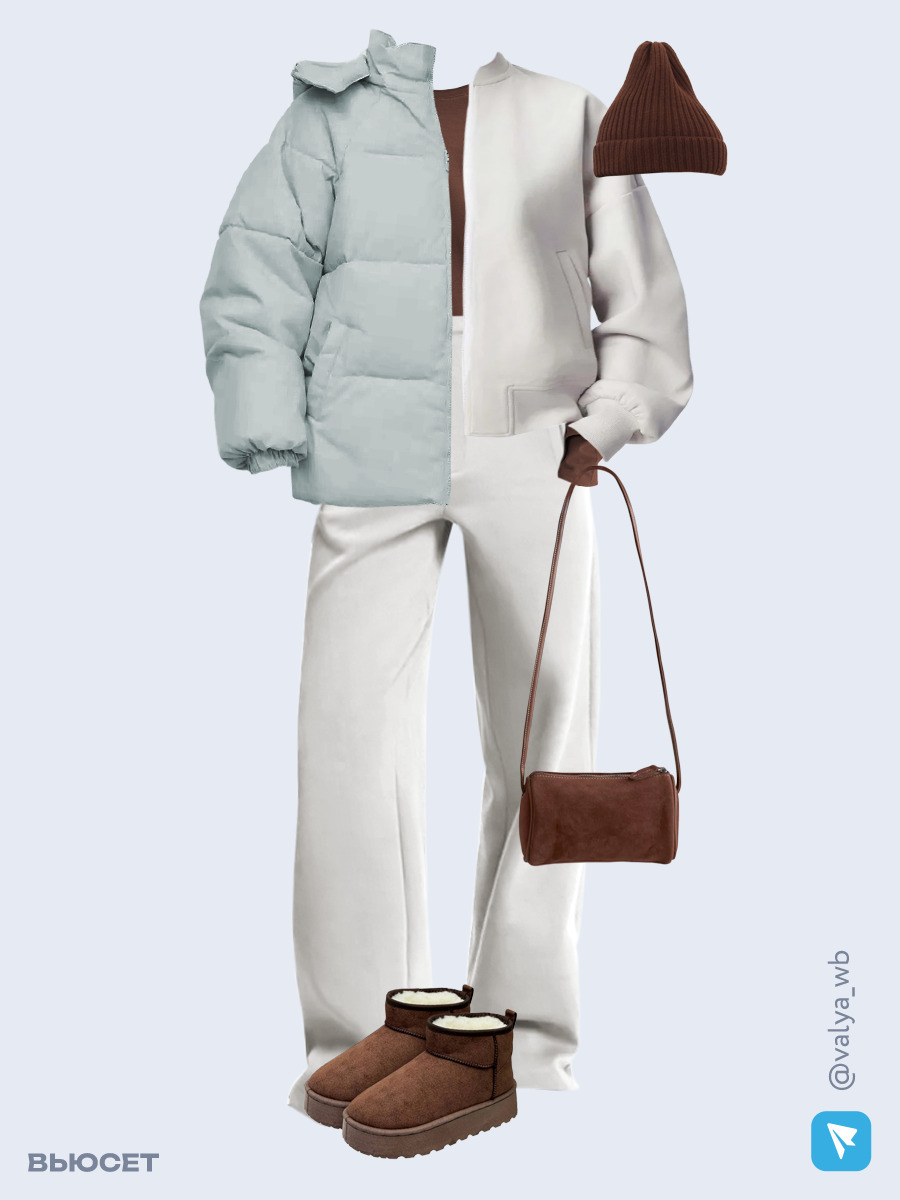 Образ с Вайлдберриз с артикулами (куртка, бомбер, лонгслив, брюки, сумка, угги, шапка)