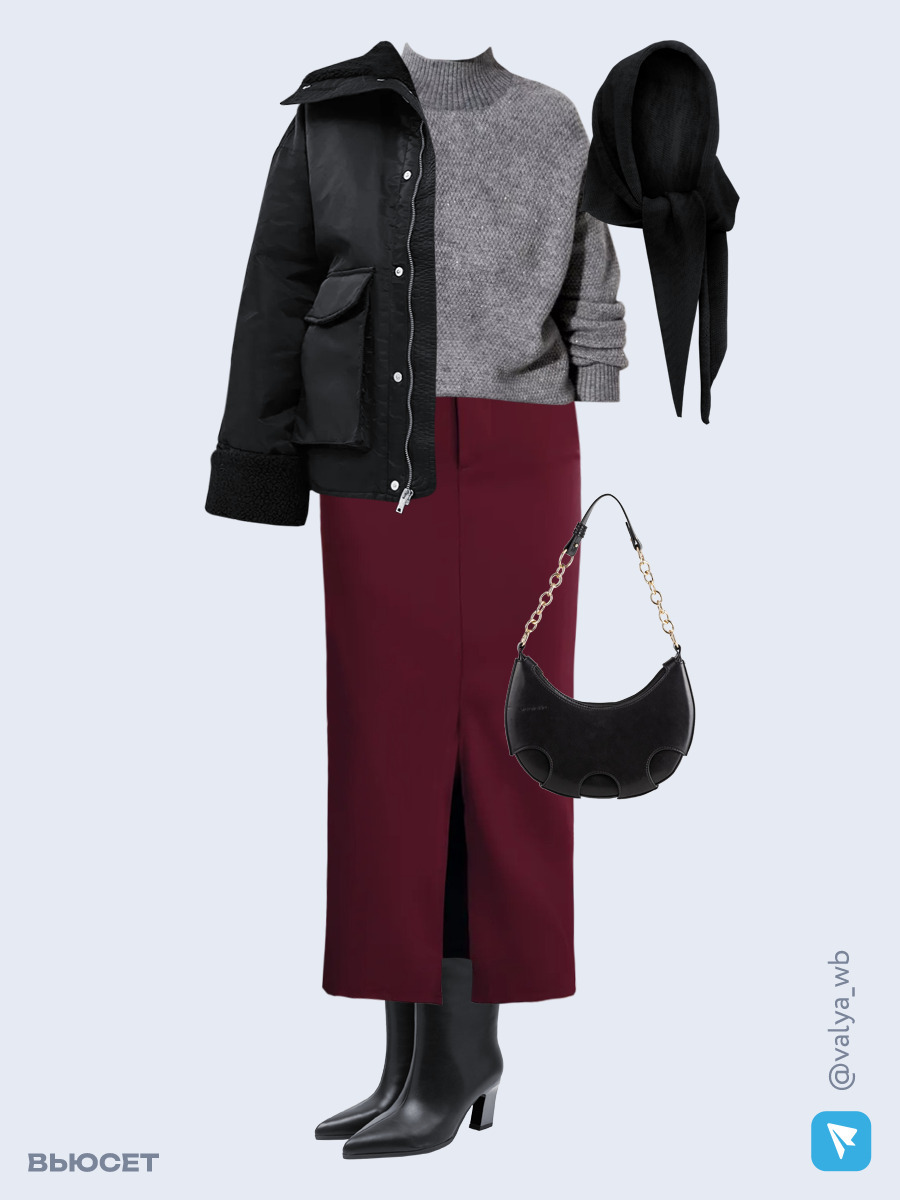 Образ с Вайлдберриз с артикулами (куртка, свитер, юбка, сумка, ботильоны, капор)