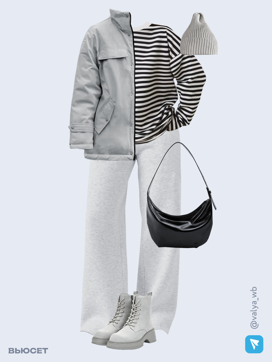 Образ с Вайлдберриз с артикулами (куртка, лонгслив, брюки, сумка, ботинки, шапка)