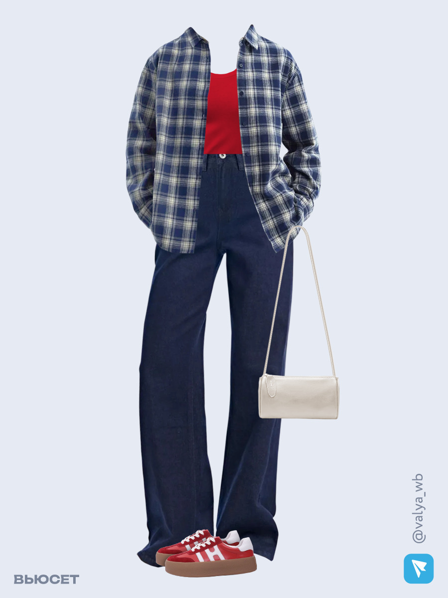 Образ с Вайлдберриз с артикулами (рубашка, топ, джинсы, сумка, кеды)