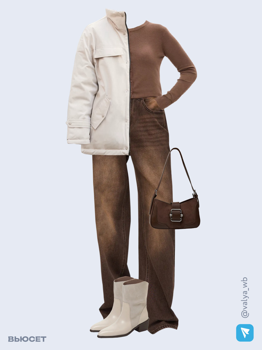 Образ с Вайлдберриз с артикулами (куртка, кардиган, джинсы, сумка, ботильоны)